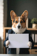 Corgi breed dog with sign