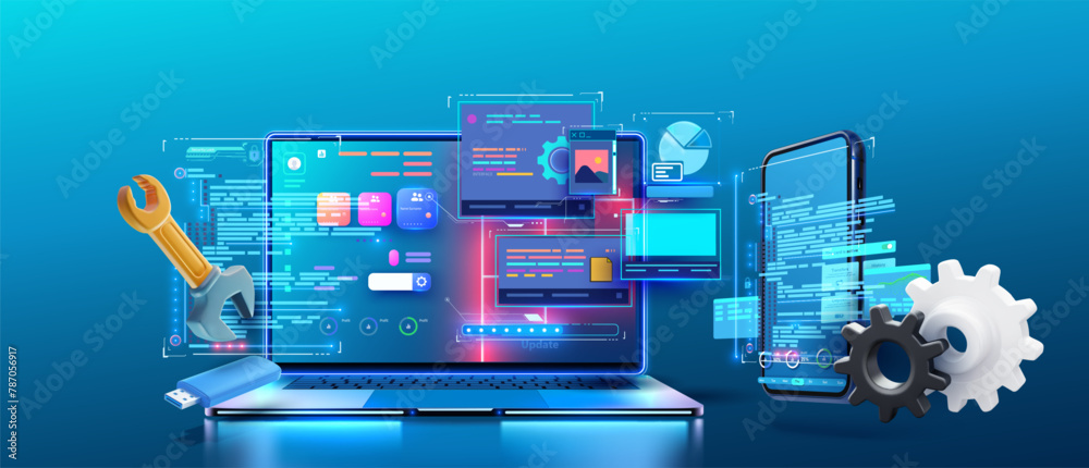 Aufkleber futuristic tech repair concept with laptop, smartphone, and tools. vibrant featuring digital ui,ux i