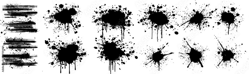 Poster Abstract Black Ink Splatters and Strokes on White Background. Monochrome collection of high-quality ink splatter textures for artistic design elements and overlays, isolated on a white background.