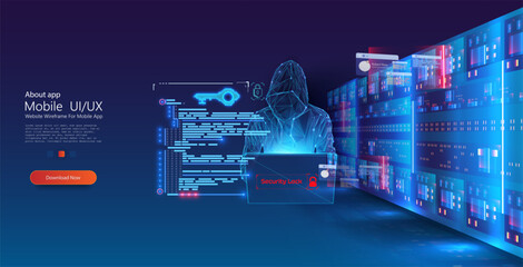 Cybersecurity Digital Interface with Holographic Projection and Server Racks. Showcasing a user interface for mobile app development with digital security elements and futuristic server background. - obrazy, fototapety, plakaty