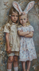 Little boy and girl in pastel with rabbit ears stand on the background