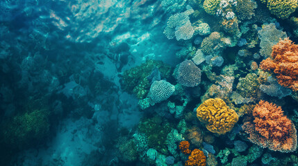 Naklejka na ściany i meble Bird's eye view of a vibrant coral reef teeming with marine life in clear tropical waters. Happiness, love, courage, desire to live
