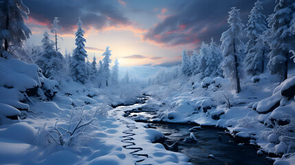 Fantastic winter landscape with snow covered trees and river at sunset - obrazy, fototapety, plakaty