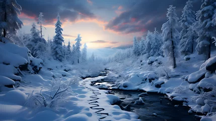 Foto op Canvas Fantastic winter landscape with snow covered trees and river at sunset © Wazir Design