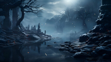 Creepy halloween landscape with spooky forest and river. - obrazy, fototapety, plakaty