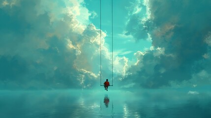 Person swings over tranquil water, under a serene sky - obrazy, fototapety, plakaty