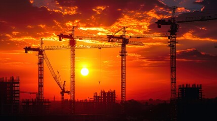 Fototapeta premium Construction cranes above the unfinished residential building against sunshine. Housing construction, apartment block in city