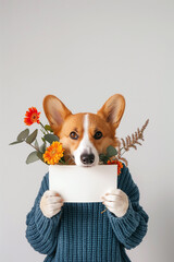 Dog breed corgi holding sign