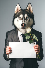 Husky dog holding a sign