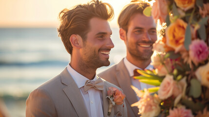 Joyful wedding moment by the sea with handsome grooms and sunset flowers.