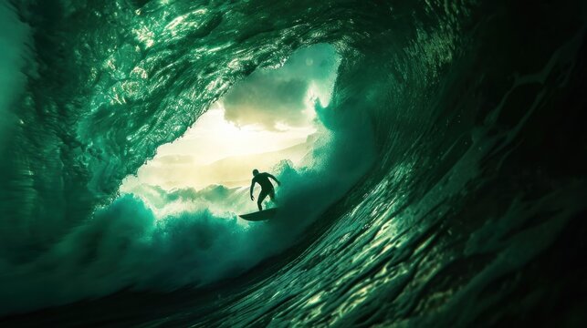 Surfer Surfing Inside Blue Surfer tube rides inside hollow crashing wave over shallow reef. Swimming water perspective of sport