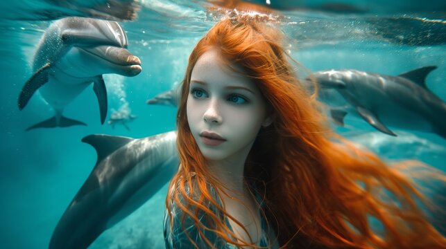 Long redhaired woman swims with dolphins in underwater flash photography