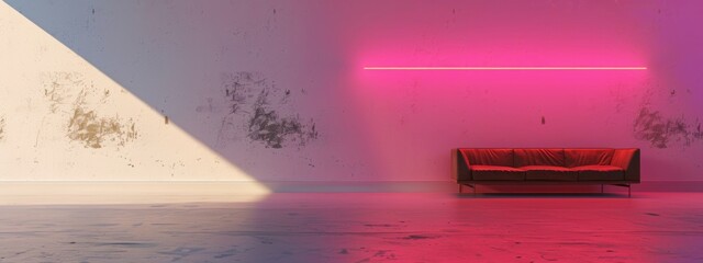 A minimalist wall with a single, bold brushstroke in a neon color, contrasting with the neutral background.