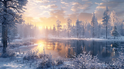 An HD image capturing the beauty of a cold season outdoors landscape, featuring a lake surrounded by frost-covered trees in a forest blanketed with ice and snow at sunrise.
