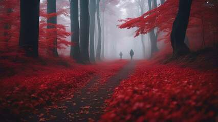 People walking in distance in a misty forest covered with red leaves.