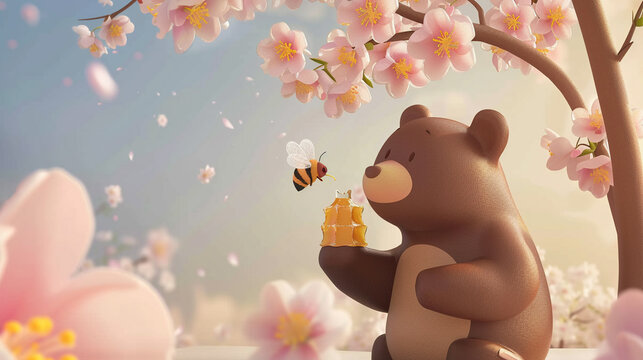Charming 3D vector illustration of a bear and bee sharing honey, near a blooming tree,