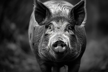 AI-generated illustration of a grayscale portrait of a pig looking at the camera