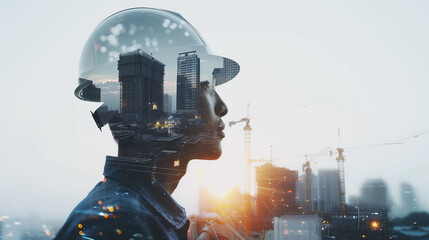 A man wearing a hard hat is looking out over a city. The image is a reflection of the man's face in a glass helmet. Scene is one of contemplation and focus, as the man looks out over the city