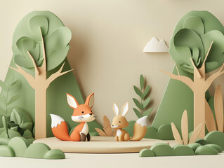 Minimalistic 3D vector art of a fox and rabbit playing hide and seek in a forest, light-hearted,