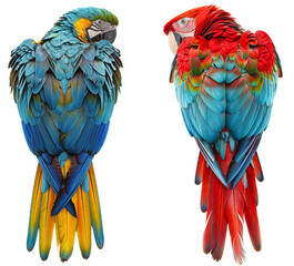 Back view of a red and a blue and yellow macaw, animal bundle isolated on a transparent background