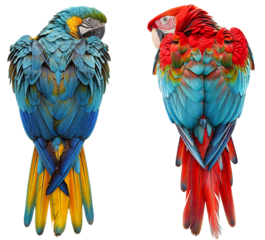 Back view of a red and a blue and yellow macaw, animal bundle isolated on a transparent background