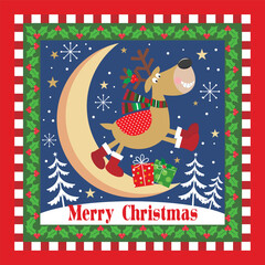 Christmas card design with reindeer and crescent moon