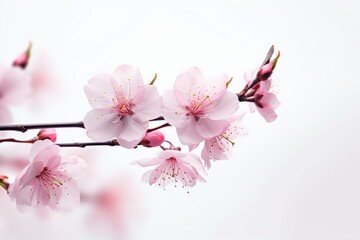 Beautiful delicate spring background with pink cherry blossom flower on white background. Generative AI