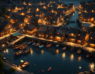 Obraz premium Charming traditional fishing village at night. Digital illustration. Amazing CG landscape