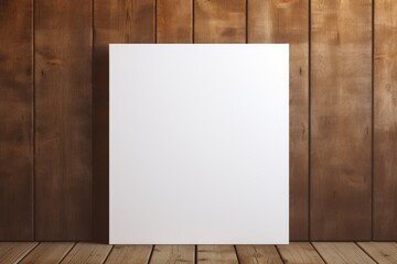 Blank white square paper template banner against wooden wall. Generative AI