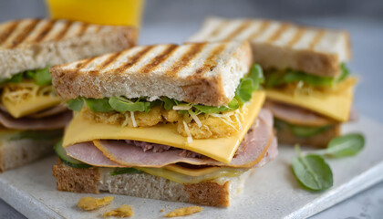 club sandwich with meat and cheddar cheese for breakfast.