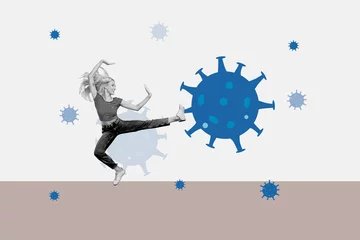 Tuinposter Composite 3D photo collage artwork sketch image of one lady kung fu leg kick huge virus quarantine covid certificate healthy vaccination © deagreez