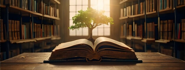 World philosophy day concept with tree of knowledge planting on opening old big book in library full of textbook.