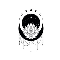 Lotus flower with crescent moon and stars, vector blooming lotus, floral magic moon. Lotus logo