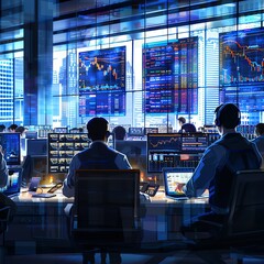 Financial futures market, traders at screens, intense focus, high energy office,  - obrazy, fototapety, plakaty