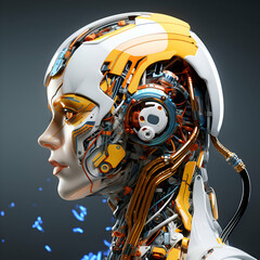 3d rendering robot or cyborg with circuit board on dark background