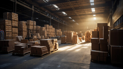 Expansive Warehouse Space: Neatly Arranged Boxes Ready for Delivery