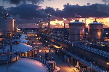 Biofuel generation facility, industrial setting, tanks and machinery, dusk lighting,  - obrazy, fototapety, plakaty