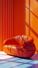 Cute sofa shaped like a basketball, playful room setting, bright colors, 