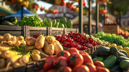 Direct consumer sales at a farmers market, vibrant produce display, sunny day,  - obrazy, fototapety, plakaty
