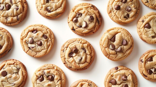 Cookies arranged against a white background, crisp focus, high contrast, 
