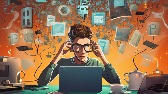A graphic illustration of a person overwhelmed by a chaotic influx of digital information, symbolizing the complexities of the modern data age.