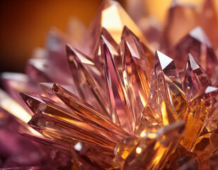 Beautiful transparent crimson crystals close up illuminated by golden light