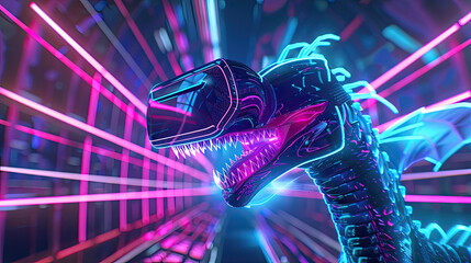 Join the futuristic blend of trendy neon geometry and robotics featuring dragons and Siamese fighting fish in a dynamic VR fitness flyer