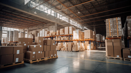 Expansive Warehouse Space: Neatly Arranged Boxes Ready for Delivery
