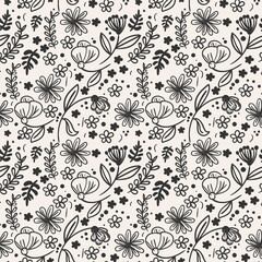 Seamless pattern with black brush flowers. Hand drawn monochrome ornament with linear flowers. Ink drawing wild plants, herbs or flowers. Geunge floral elements. Vector illustration