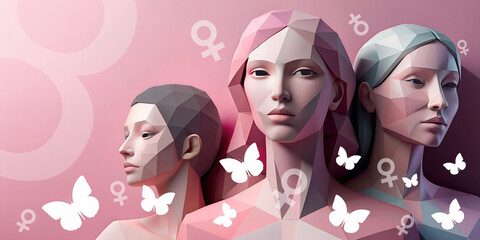 International Women's Day pink background. Women and different beauties concept of health care from the inside out. banner, copy space, website, illustration, low poly, 3d rendering