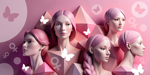 International Women's Day pink background. Women with beauty and makeup ideas. cosmetics to keep their facial skin bright. banner, copy space, website, illustration, low poly, 3d rendering