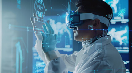 A woman wearing a white lab coat and a white glove holding a glass object in front of a computer monitor