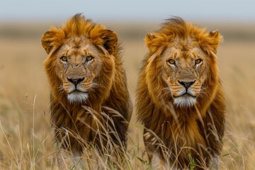 Two Masai lions, members of the Felidae family and carnivorous big cats, are strolling through tall grass in their natural environment, an ecoregion rich with diverse plant and animal organisms