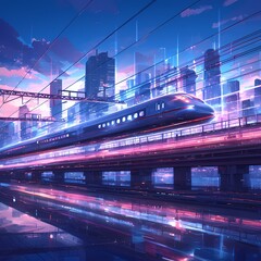 Fototapeta na wymiar Futuristic Neon-Lit Monorail Speeding Through Urban Jungle: A Visual Narrative of Tomorrow's Transport Revolution